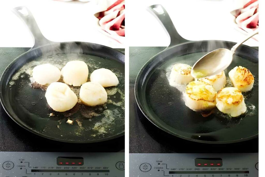 Raw scallops searing; butter being spooned over browned scallops.