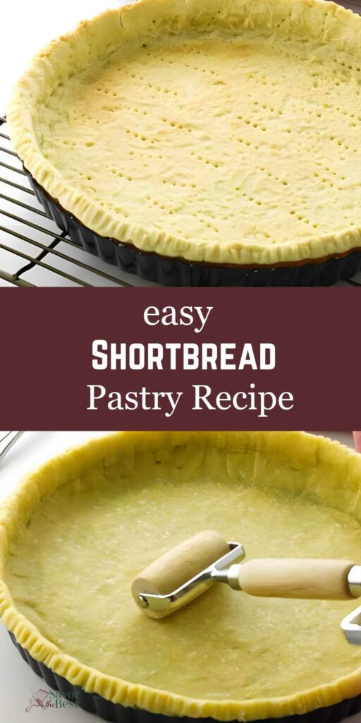 Shortbread tart crust in pan, fork marks; rolling pin flattens dough.