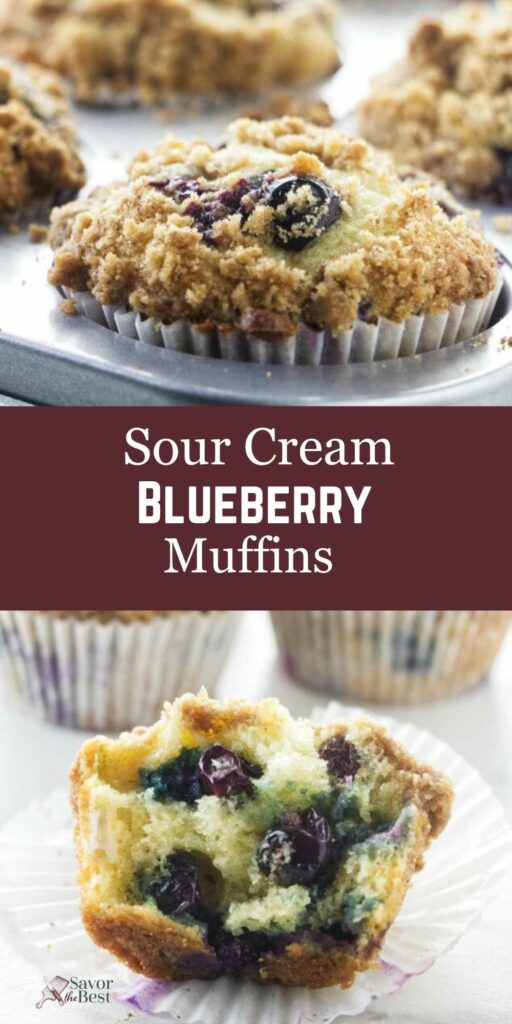 Close-up of crumbly sour cream blueberry muffins, one broken open with juicy berries.