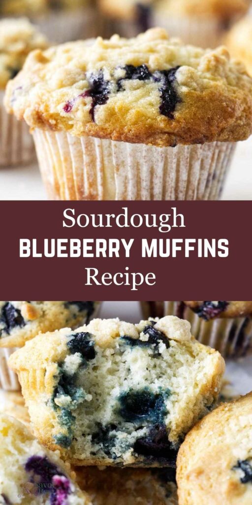 Close-up of golden blueberry muffins, one sliced open, with recipe text overlay.