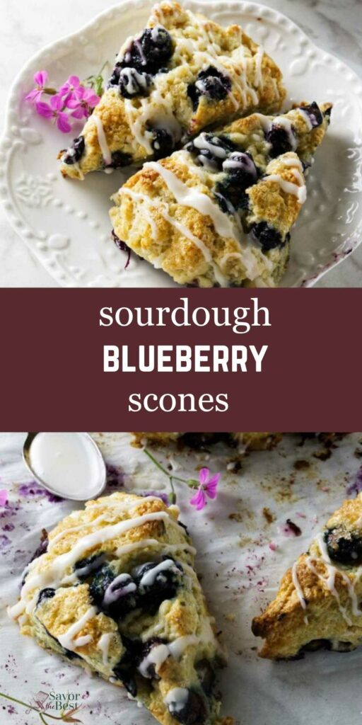 Two triangular blueberry scones with icing and flowers on plates, text overlay.