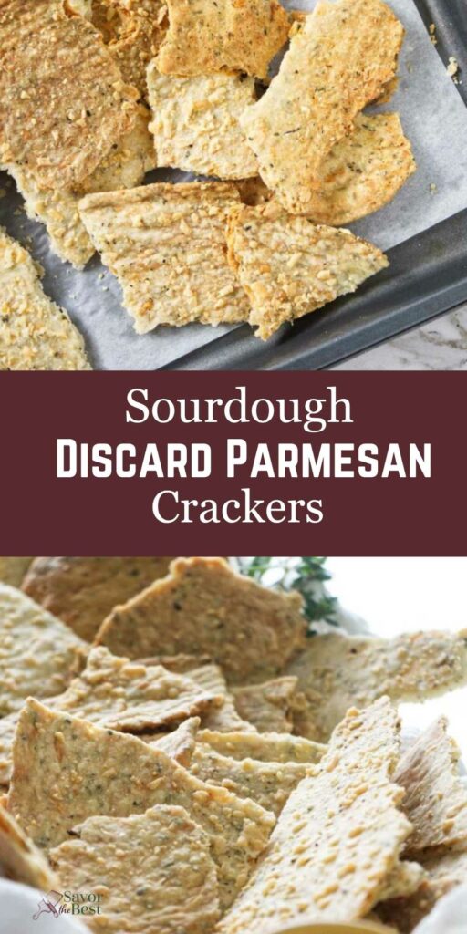 Sourdough discard parmesan crackers on a tray and bowl with text overlay.