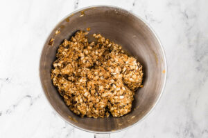 Mixing the old fashioned oats into the sourdough cookie dough.
