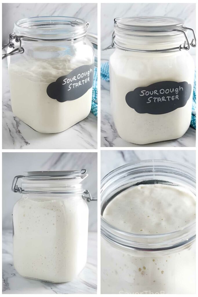 Four views of a bubbly, thick sourdough starter in labeled glass jar.