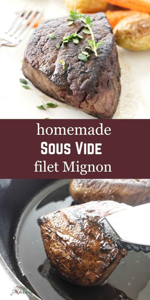 Filet mignon steak plated with vegetables; filet mignon searing in skillet.