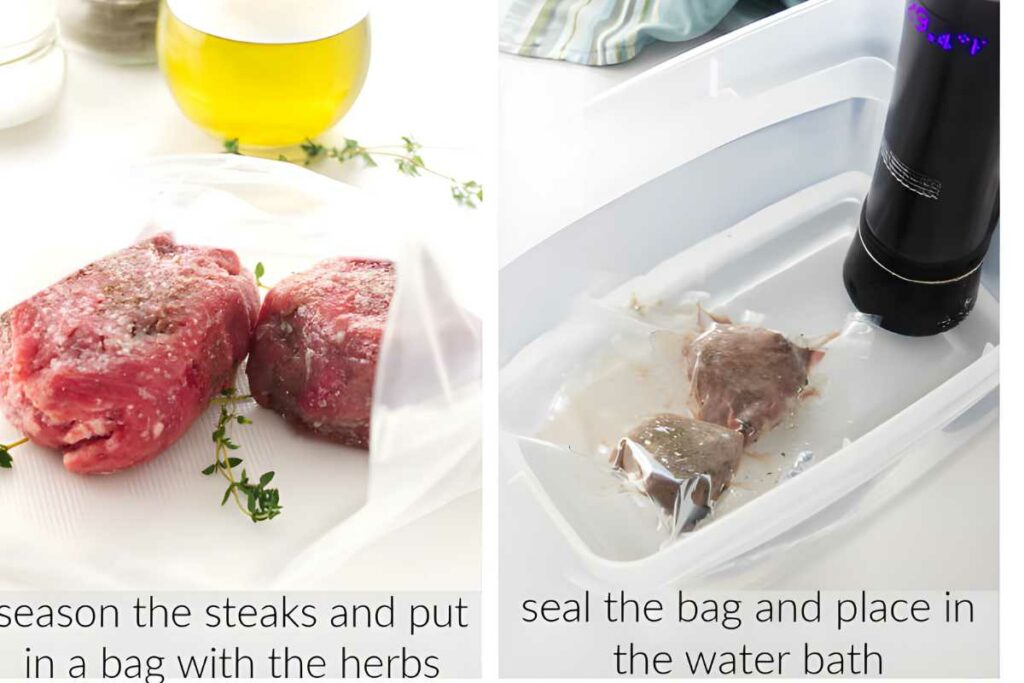 Raw steaks seasoned in bag (left); sous vide cooking in water bath (right).