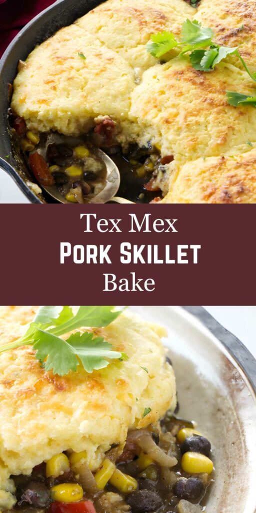 Skillet of Tex Mex pork bake with cornbread topping, spoon scooping colorful filling.