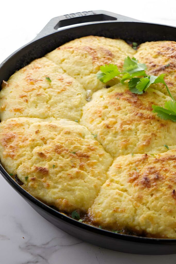 Cornbread-topped casserole in cast iron skillet, garnished with cilantro.