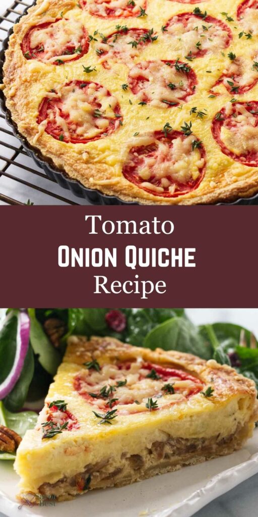 Baked tomato onion quiche topped with tomato slices, served with greens, recipe text.