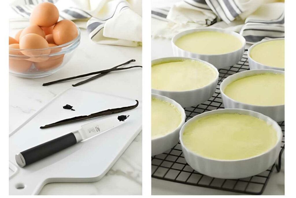 Brown eggs and vanilla beans beside ramekins of cooling baked custard.
