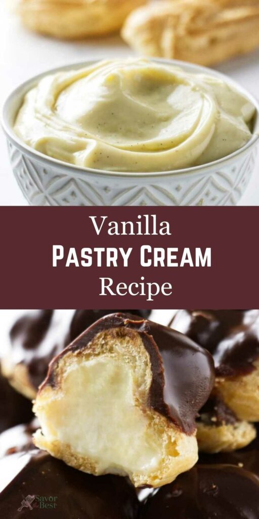 Vanilla pastry cream in bowl above, chocolate éclairs below, recipe text centered.