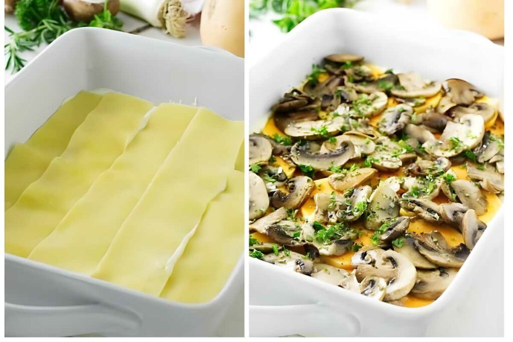 White baking dish with uncooked lasagna noodles and topped with mushrooms.