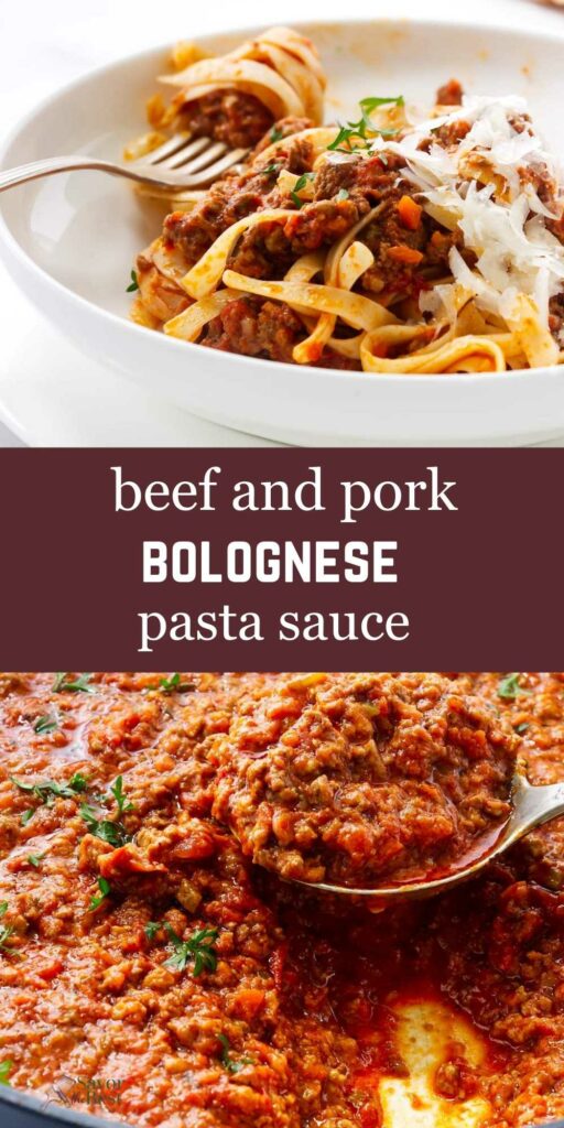 A beef and pork red sauce on over a bowl of pasta.