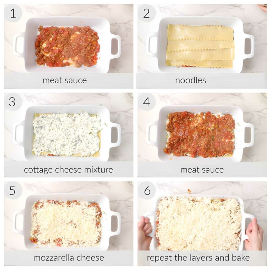 A collage showing how to layer lasagna in a casserole dish.