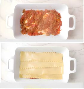 Showing the order of layering a lasagna with meat sauce and noodles.