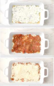Showing three photos of the lasagna layer order.
