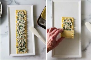 Spreading a filling over a lasagna pasta sheet and rolling it up into a pinwheel.
