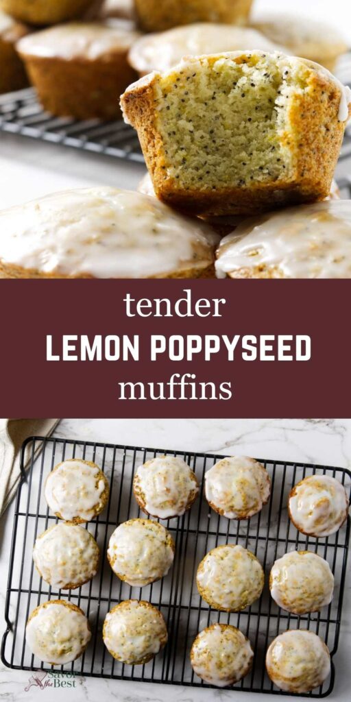 Several poppy seed muffins with lemon glaze on the muffin tops.
