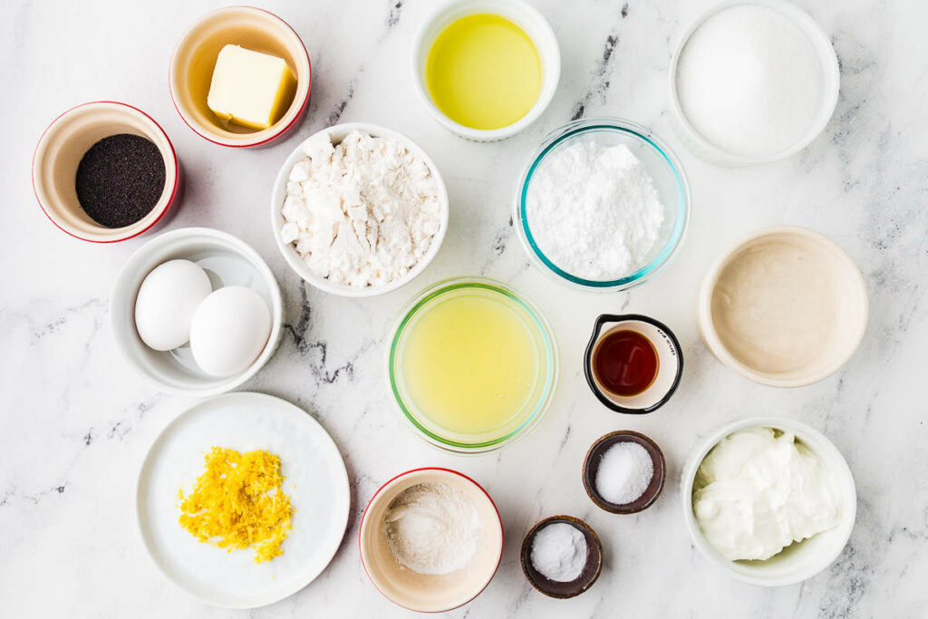 Ingredients used to make sourdough lemon poppy seed muffins.