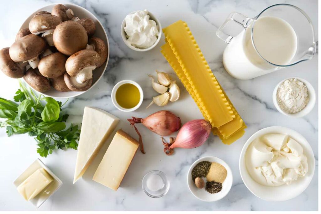 Marble countertop with neatly arranged mushroom lasagna ingredients and fresh herbs.