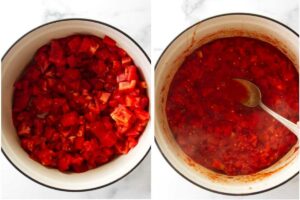 Adding chopped tomatoes to a pot then cooking them down on the stove.