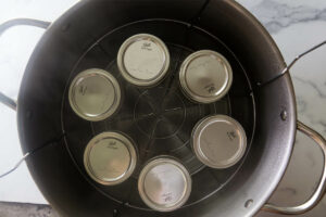 Placing jars of tomato jam in a hot water canner.
