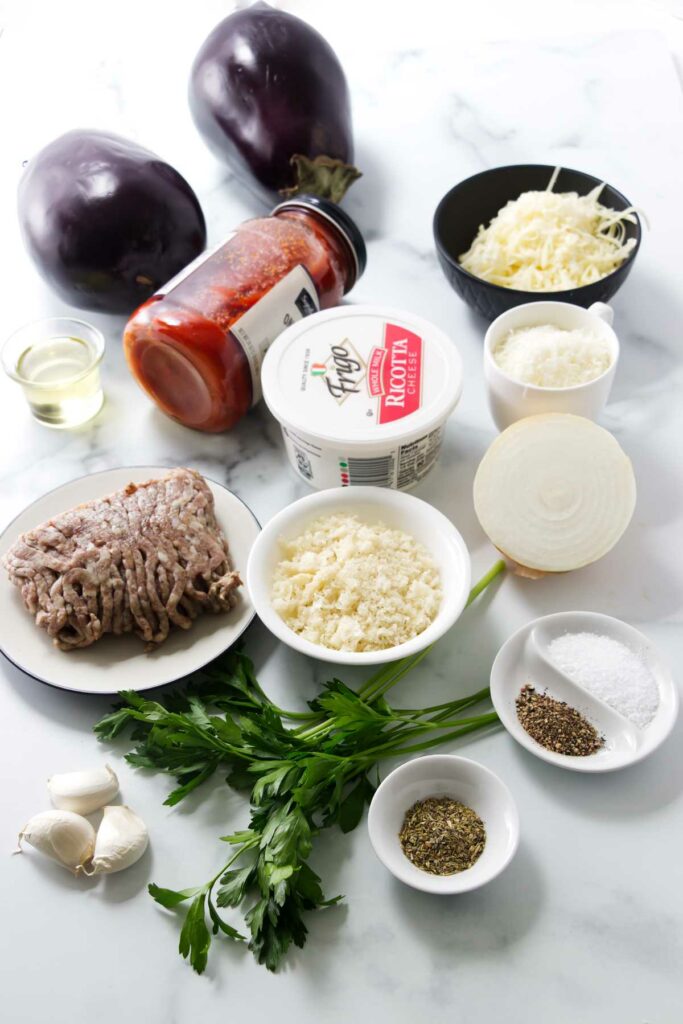 Ingredients used to make stuffed eggplant rolls.