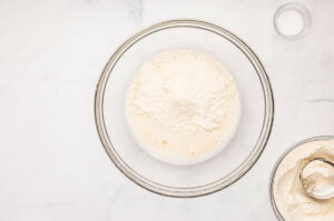 Combining sourdough discard with pizza flour, water, and salt.