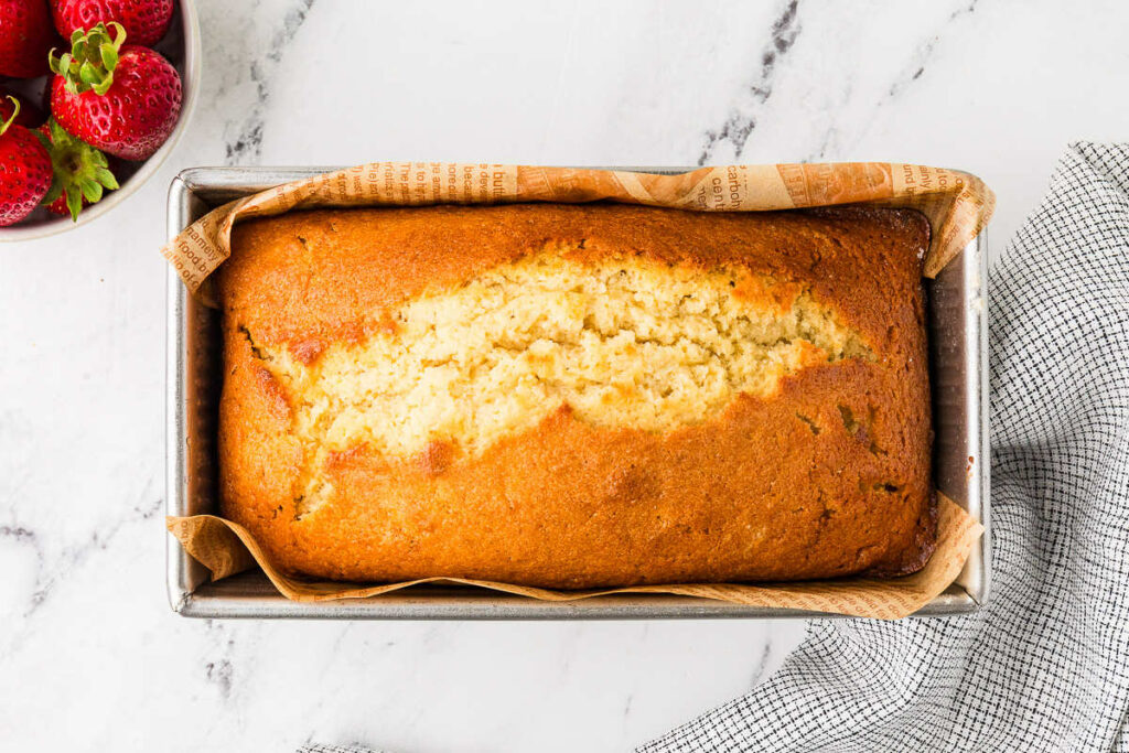 A sourdough discard pound cake in a loaf pan.