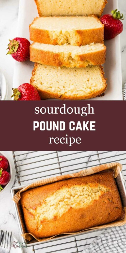 Freshly baked sourdough pound cake in a loaf pan and on a plate.