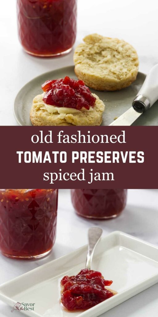 A biscuit topped with spiced tomato jam next to jars of more preserves.