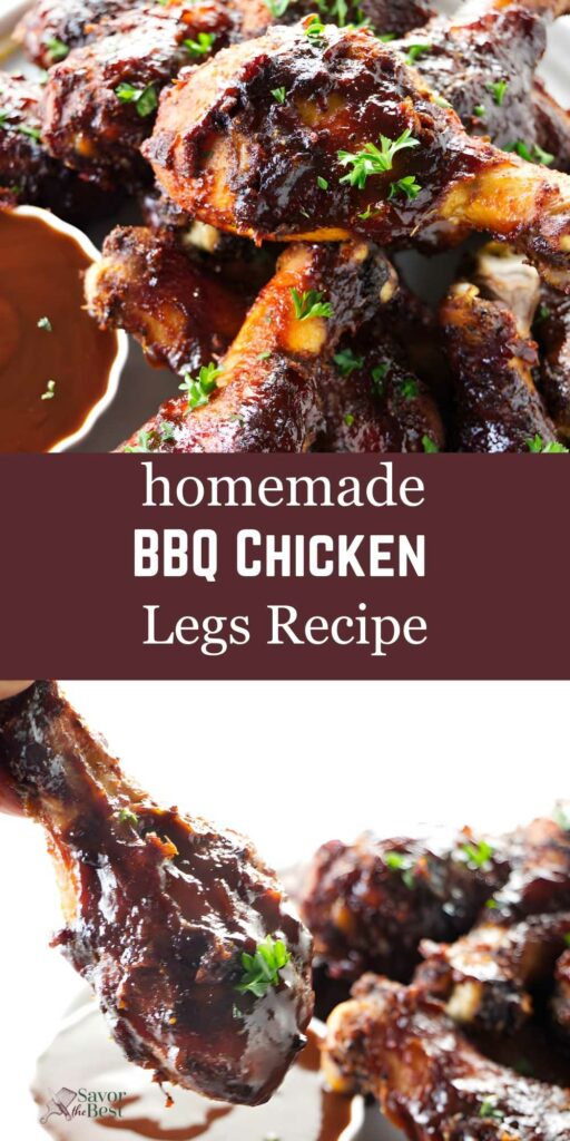 Glazed BBQ chicken drumsticks with parsley garnish and recipe text.