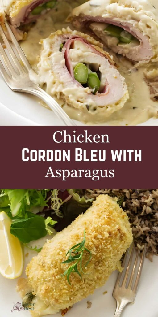 Chicken cordon bleu: sliced with filling and sauce; whole, garnished with sides.