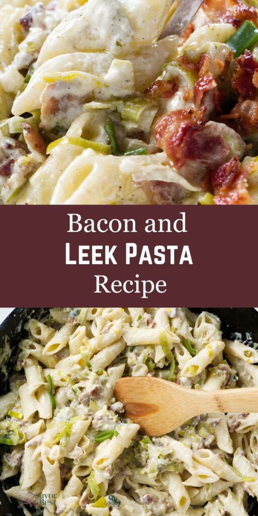 Creamy pasta in a dish with leeks and bacon.