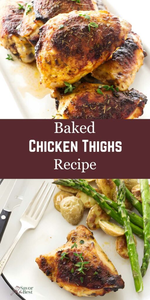 Baked chicken thighs; plated with roasted potatoes, asparagus, and utensils.