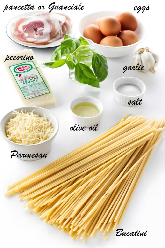 Pasta carbonara ingredients neatly arranged on a white surface.