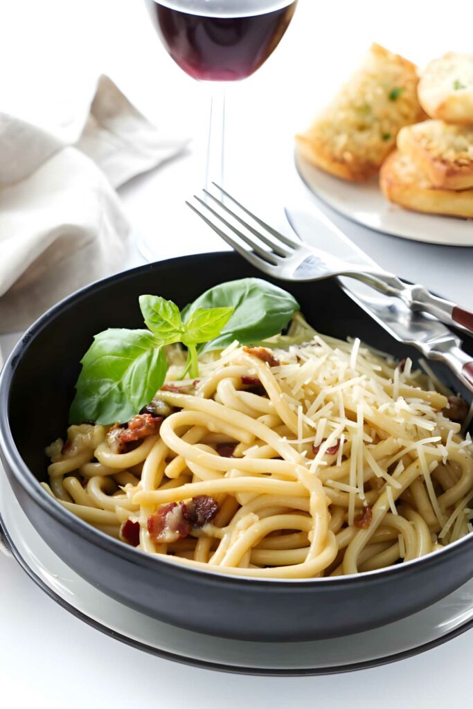 Carbonara pasta with cheese, bacon; fork and spoon on bowl. Wine and bread behind.