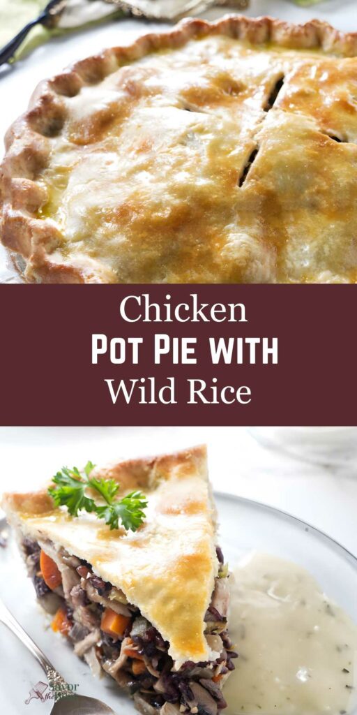 Whole baked chicken pot pie and slice with wild rice filling, parsley garnish.