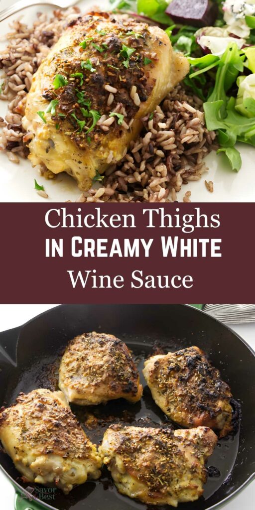 Plate of chicken thigh in creamy white wine sauce, skillet with more thighs.