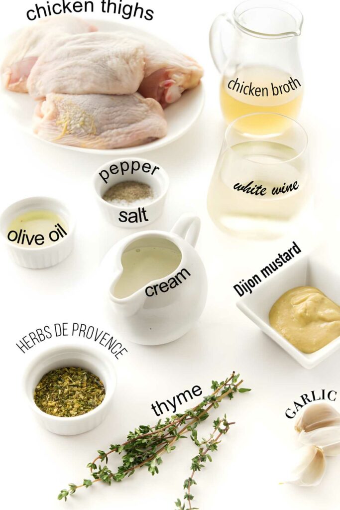 Raw chicken thighs on a plate surrounded by labeled cooking ingredients.