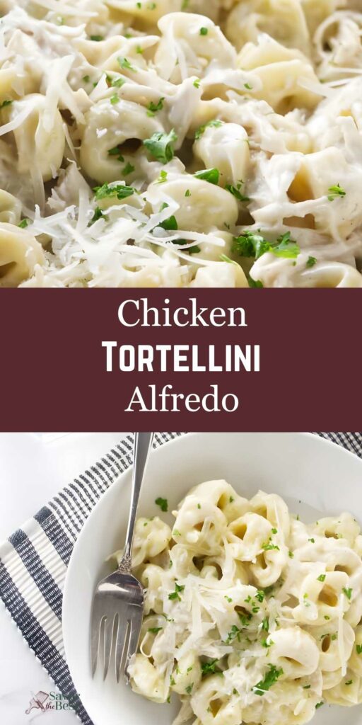 Creamy chicken tortellini Alfredo topped with parsley and cheese in a white bowl.