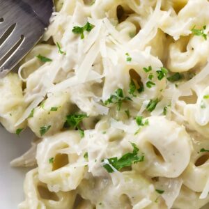 Close-up of cheese tortellini with Parmesan, parsley, and a fork on the plate.