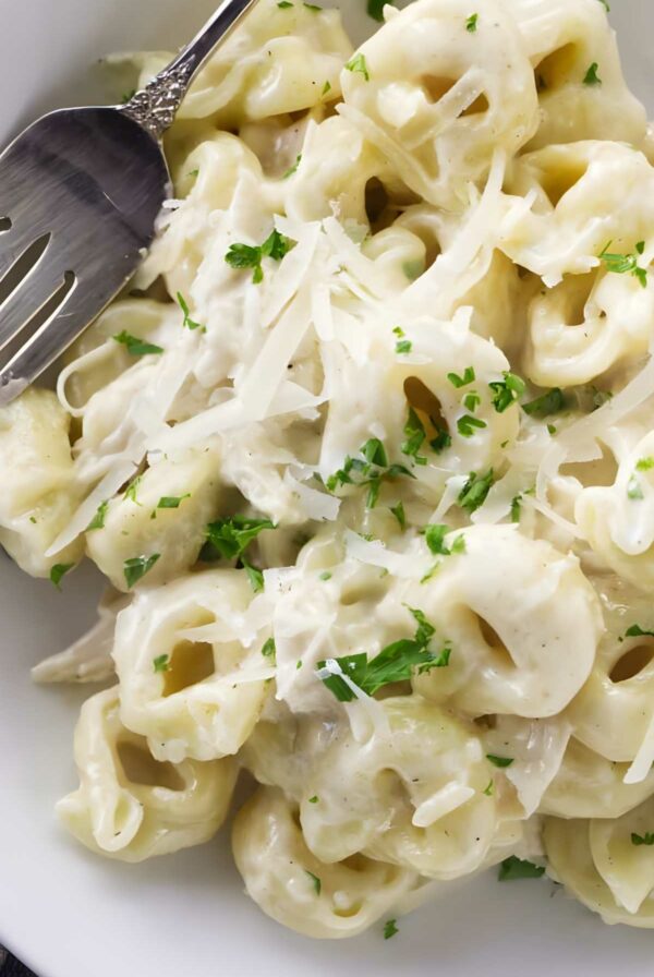 Close-up of cheese tortellini with Parmesan, parsley, and a fork on the plate.