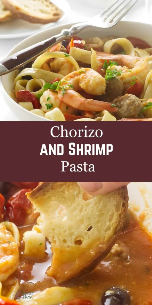 Chorizo and shrimp pasta with bread, close-up of bread dipping into sauce.