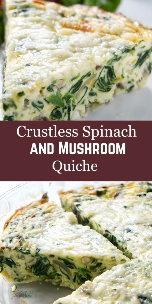 Close-up of sliced crustless spinach and mushroom quiche with creamy texture and text overlay.