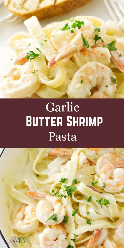 Creamy fettuccine with shrimp, parsley garnish, and Garlic Butter Shrimp Pasta label.
