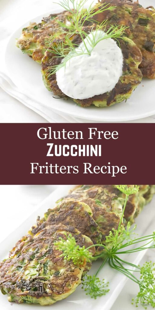 Zucchini fritters with dill and sauce on plates, “Gluten Free Zucchini Fritters Recipe” text.