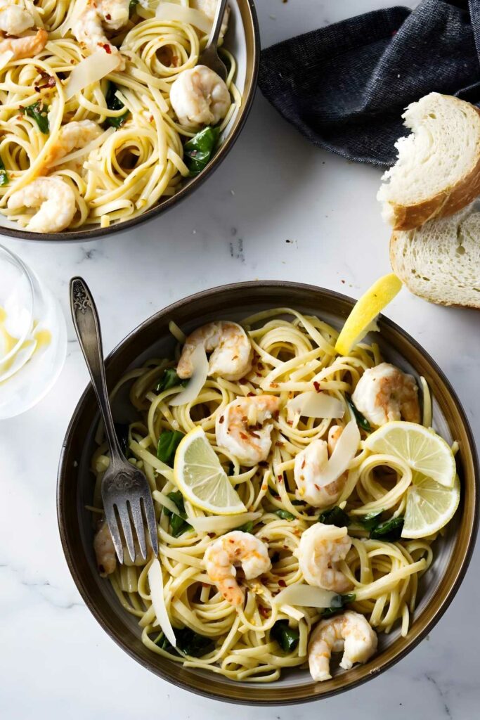 Shrimp pasta with lemon, basil, and bread on a marble table.