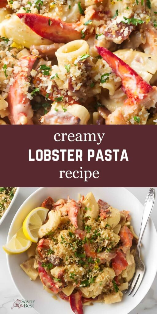 Creamy lobster pasta with herbs and breadcrumbs in a bowl, lemon wedges nearby.