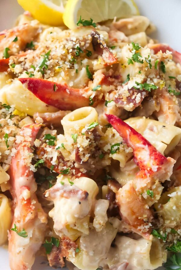 Creamy lobster pasta topped with breadcrumbs and parsley, lemon slices behind.